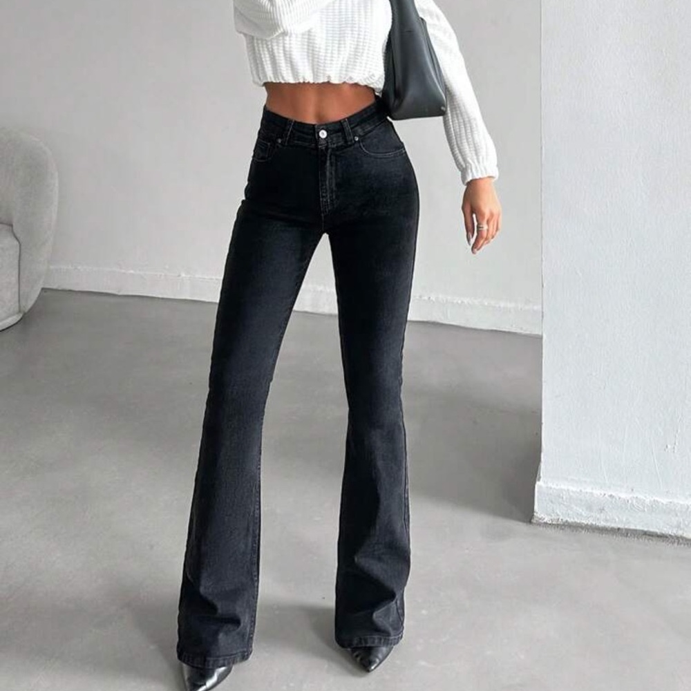 Cottnline Solid Flare Leg Jeans,Ladies Button,Pocket,Zipper High Waist Flare Leg